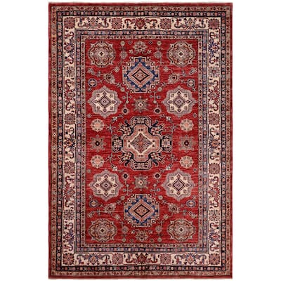 Caucasian Super Kazak Luna Red/Beige Hand Knotted Wool Rug - 5'9'' x 7'9''