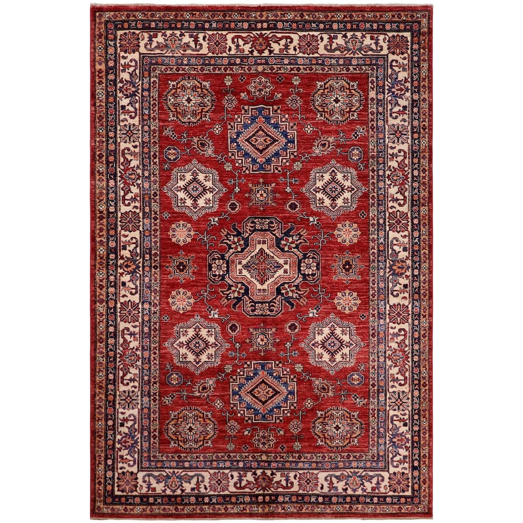 Caucasian Super Kazak Luna Red/Beige Hand Knotted Wool Rug - 5'9'' x 7'9''