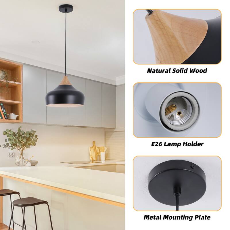 Aurora 13 in. 60-Watt 1-Light Pendant Light with Metal Round Shade and Natural Rubber Wood Top