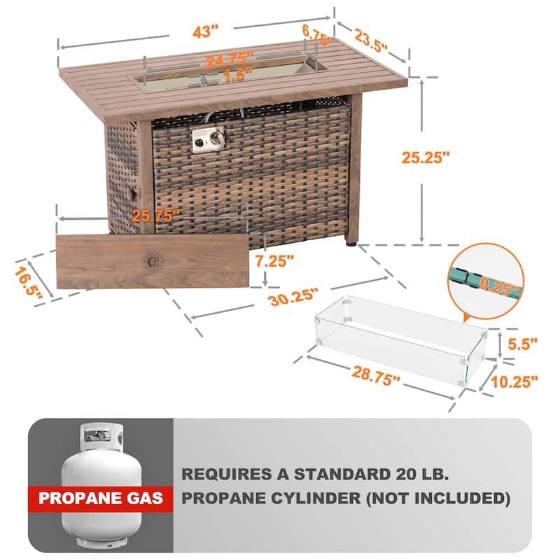 43 Inch Outdoor Propane Gas All-Metal Frame Fire Pit Table 50,000 BTU with Glass Wind Guard