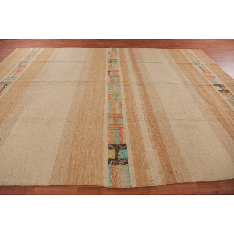 Hand Woven Oriental 100% Jute Carpet Modern Stripe Beige & Ivories Kilim Area Rug - 13' 11'' X 10' 3''