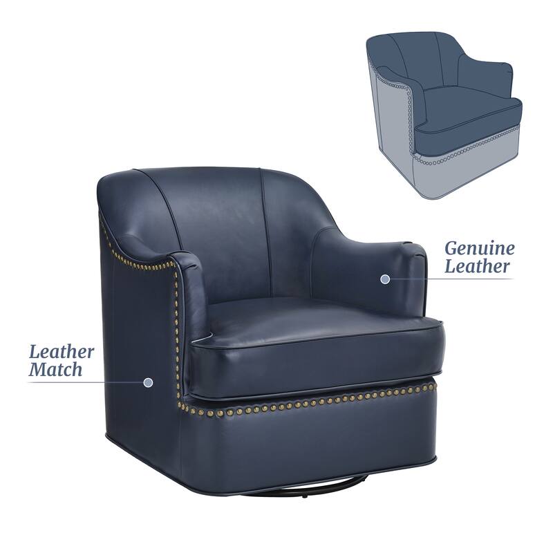 Genuine Leather Swivel Upholstered Accent Barrel Chair with Metal Base for Living Room