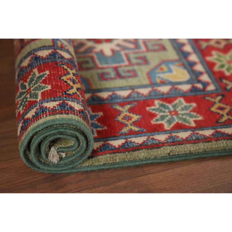 Green Red Kazak Oriental Rug Hand-Knotted Wool Carpet - 2'0" x 3'0"