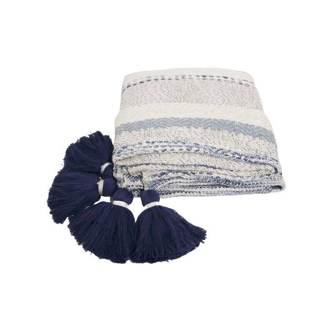Home&Manor Handcrafted Wool & Cotton Throw Blanket Blue Drift