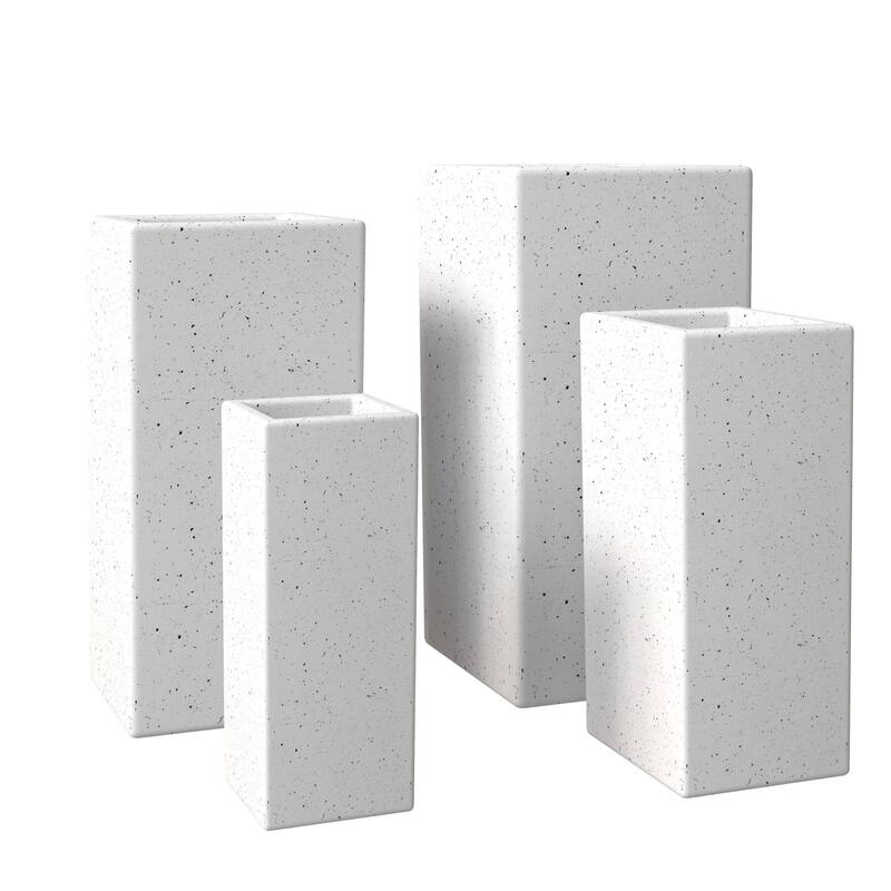 Terra 4-Piece Tall Square Fiberstone and MGO Clay Planter Set With Drainage Holes for Home Office Garden Patio Porch Yard