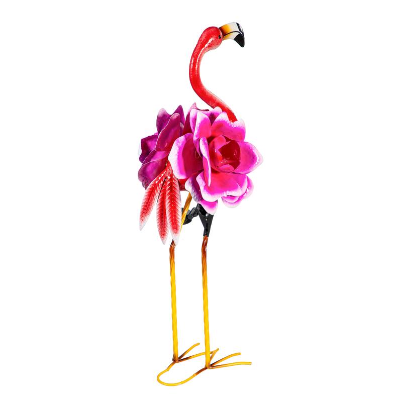 Solar Metal Flamingo With Flower Body, 28"H