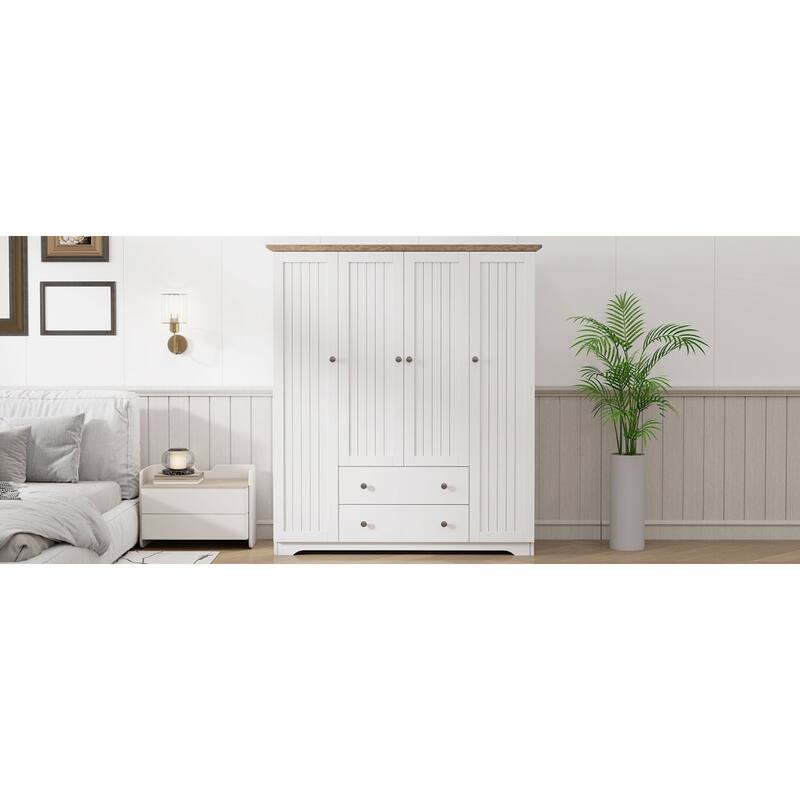 Roomfitters 4-Door Wardrobe Armoire with 2 Drawers and Hanging Rail