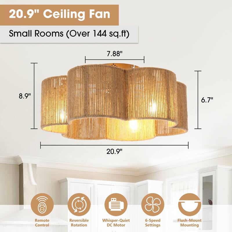 21" Boho Chic Natural Rope Gold Smart Ceiling Fan Flush Mount with Remote and App