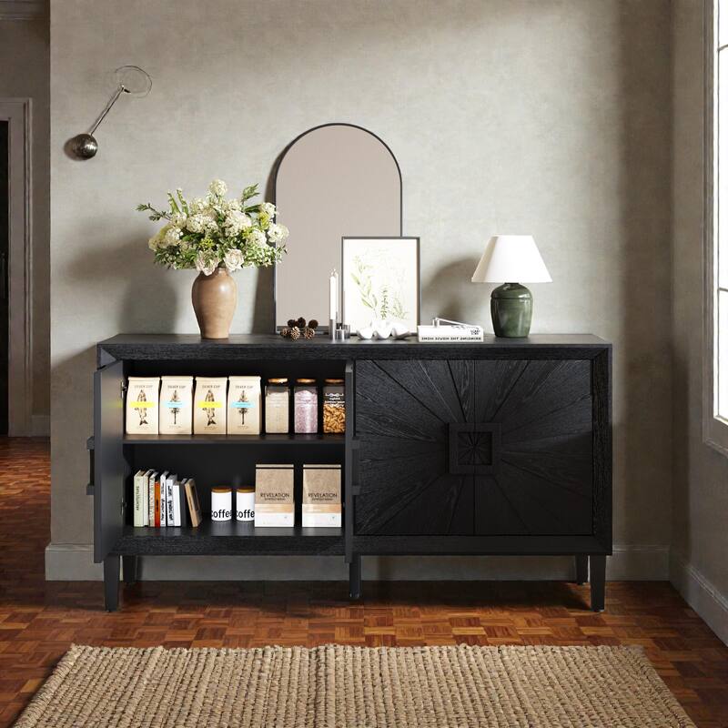 60'' Rustic American Farmhouse Credenza with Sunburst Doors, Antique Wood TV Stand with Adjustable Shelves