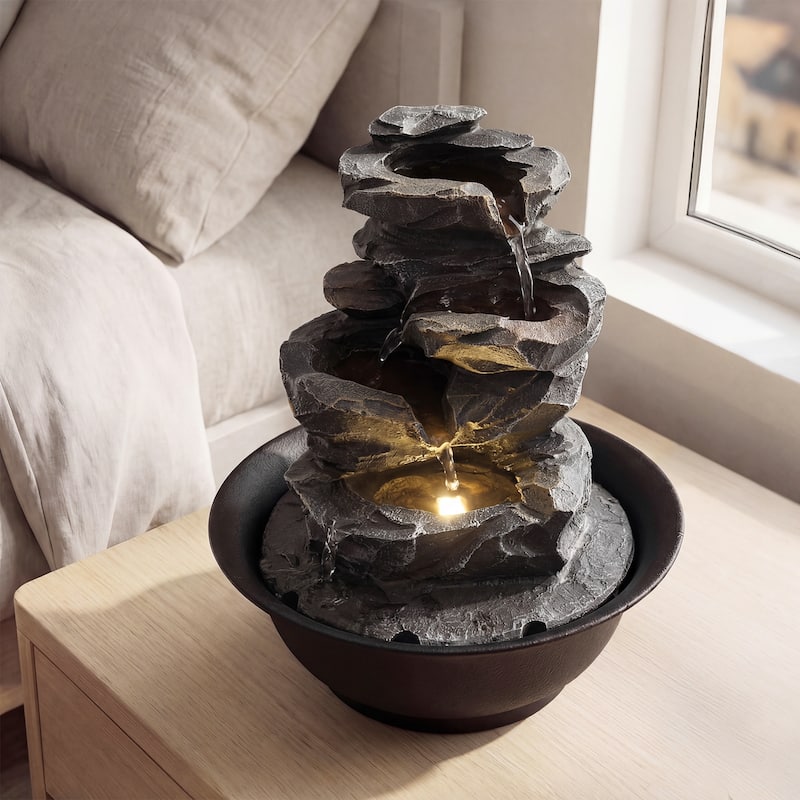 Gymax Tabletop Water Fountain w/LED Light Pump & Adjustable Flow for