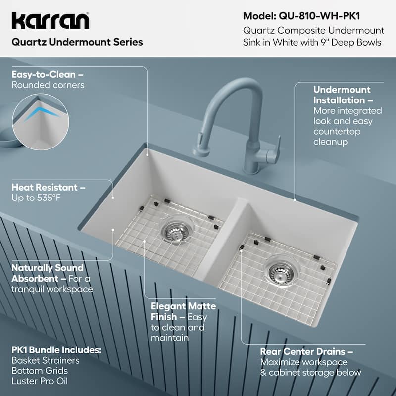 Karran 32" Undermount Double Equal Bowl Quartz Kitchen Sink Kit - 32" x 19.5" x 9"