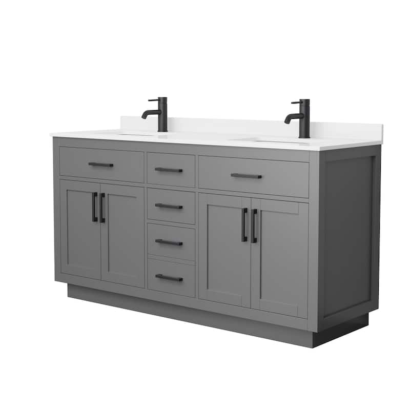 Beckett TK 66-inch Double Vanity, Single Hole Quartz Top - Dark Gray, Black Trim, White Quartz Top