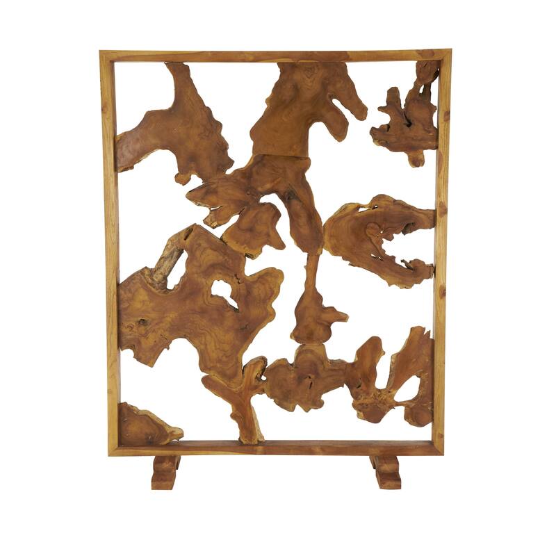 Teak Wood Tall Live Edge Freestanding Partition Room Divider Screen with Large Tree Trunk Pieces - Brown - Roche River Decor