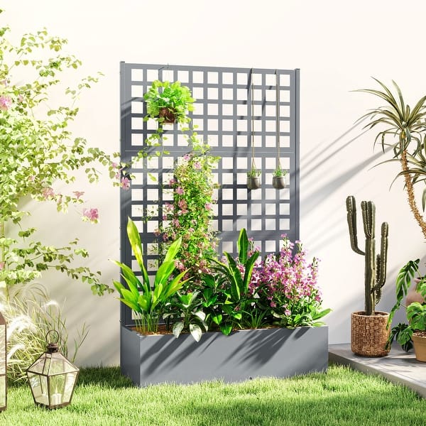 Outsunny Galvanized Raised Garden Bed with Trellis, Metal Planter Box with  Drainage Holes, Outdoor Privacy Screen 43" x 16" - On Sale - Bed Bath &  Beyond - 42492412