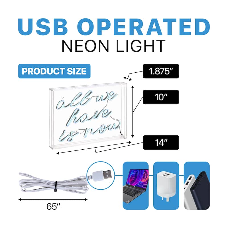 All We Have Is Now 14" X 10" Contemporary Glam Acrylic Box USB Operated LED Neon Light, White by JONATHAN Y - 14" X 10"