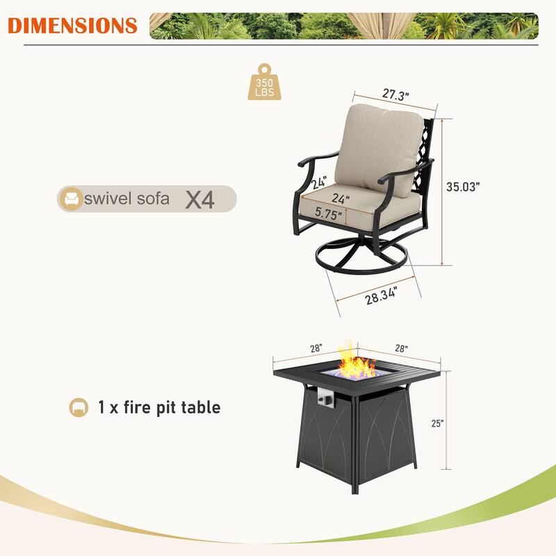 MAISON ARTS 5-Piece Patio Conversation Set with 28'' Gas Fire Pit Table