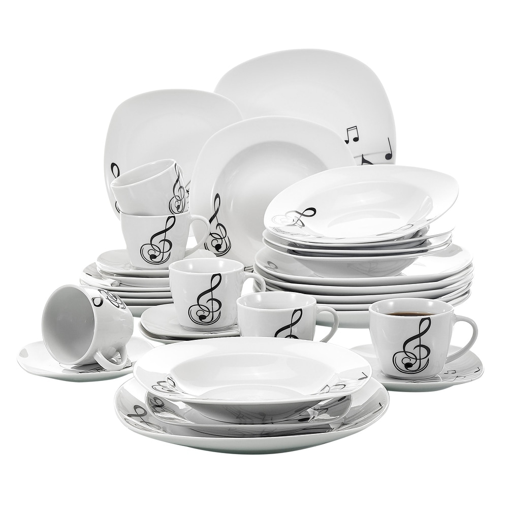 Veweet30 Piece White Porcelain Dinnerware Set Dinner Plates Cup and