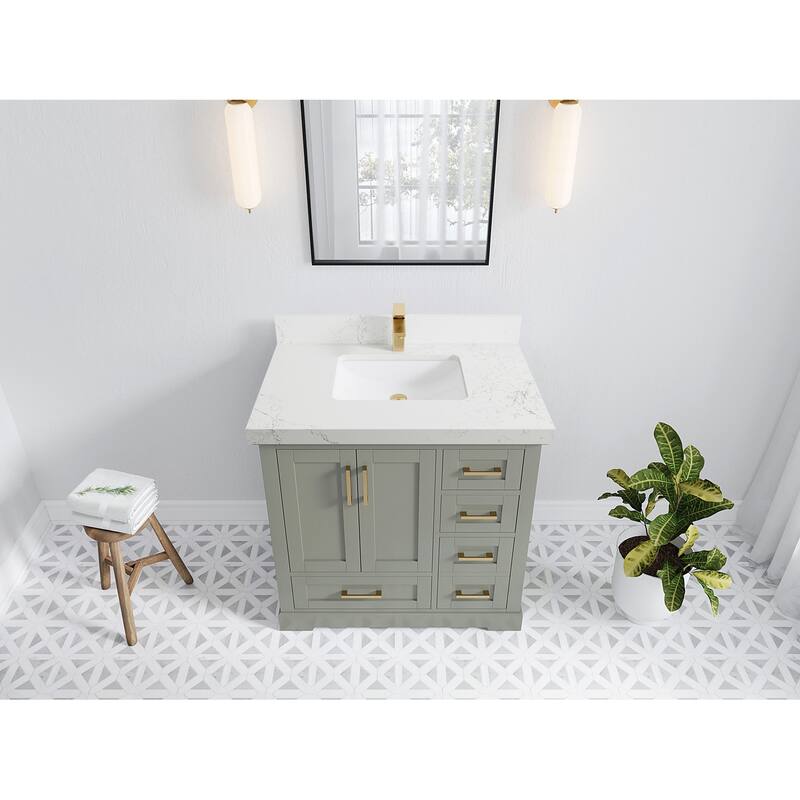 Willow Collections 36 x 22 Boston Center Sink Left Bathroom Vanity with Countertop - 2"Empira White - Evergreen