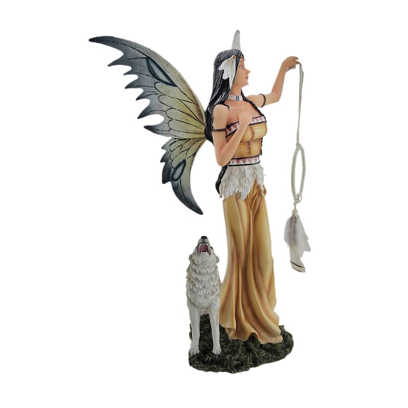 Una And Tala The Native American Dream Fairy And White Wolf Statue - 15 X 10 X 6 inches