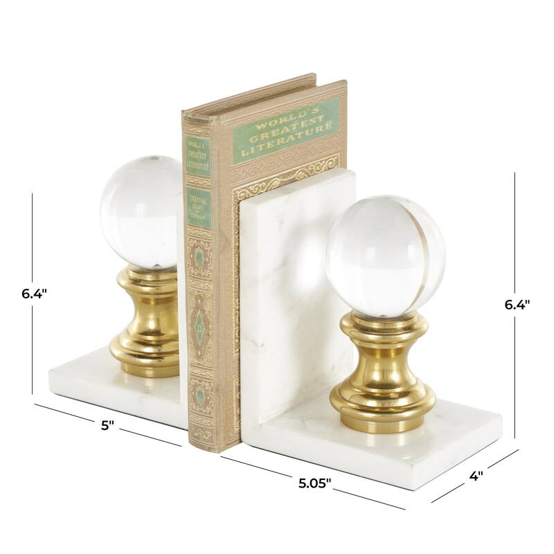 Marble Decorative Bookends with Glass Orbs and Gold Accents - Set of 2 White - Roche River Decor