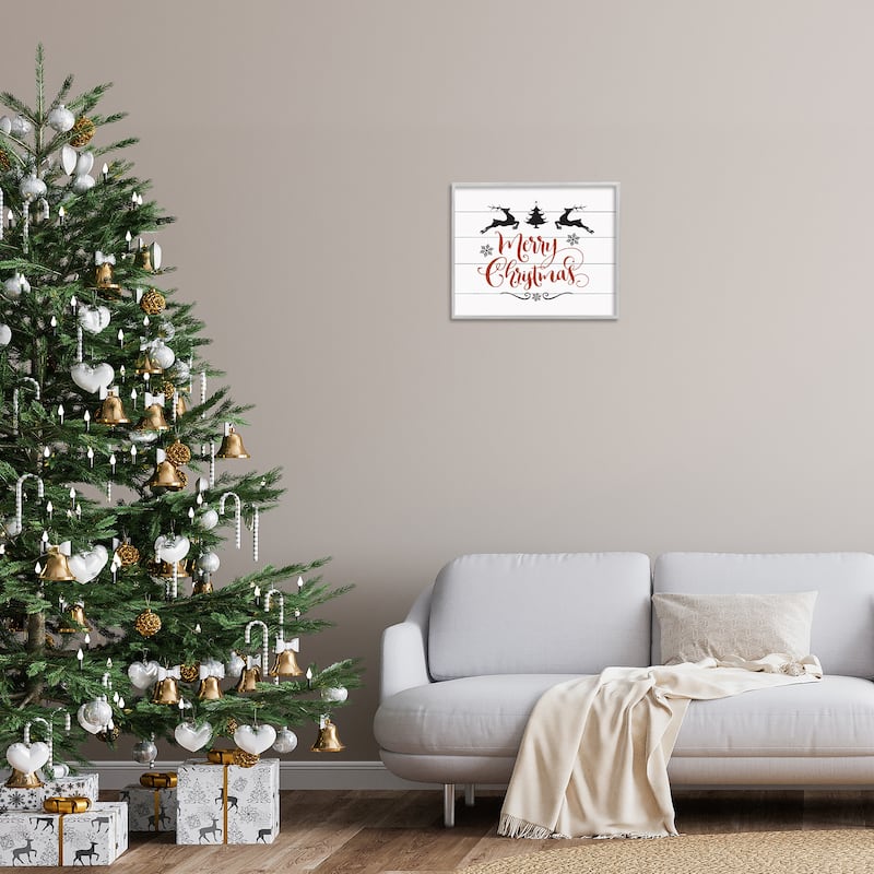 Stupell Merry Christmas Reindeer Black White and Red Framed Art, Design By Artist Lettered and Lined