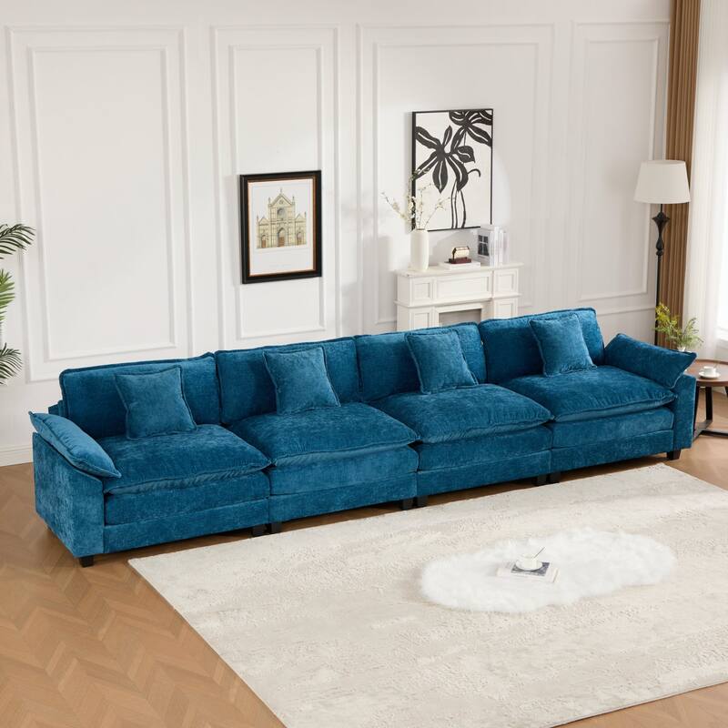 4 Seater Sectional Sofa Chenille Modular Deep Seat Couch with Armrest Pillows and Double Layer Seat Cushions for Living Room - Blue
