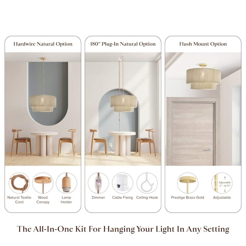 Elaine Rattan Pendant Light - Ivory White Large Drum 1-Light Handwoven Light Fixture For Modern, Boho, Farmhouse Room Decor