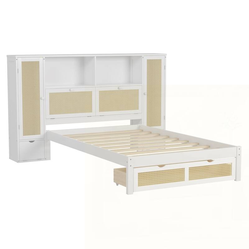 Multifunctional Platform Bed with Natural Rattan