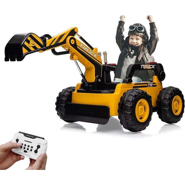 slide 2 of 25, 12V Kids Ride On Excavator Digger Truck with Remote Control & Electric Digging Arm Yellow