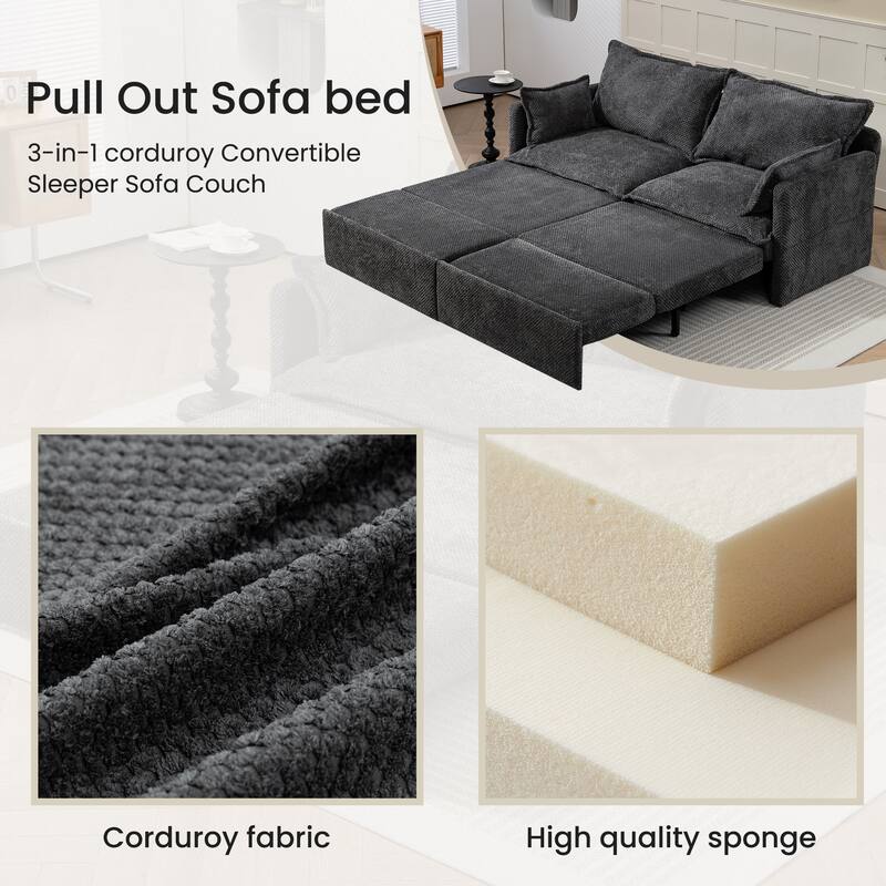 73.6" Corduroy 3-in-1 Convertible Sofa Bed with Pull-Out Sleeper, USB Charging Ports, and Side Storage
