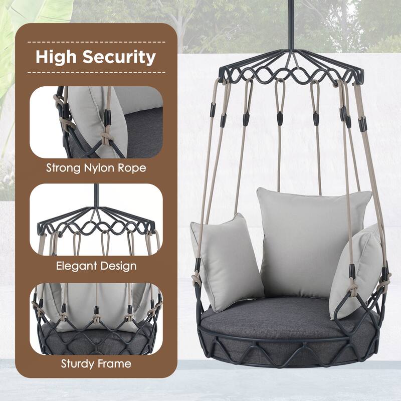 Outdoor Porch Swing Chair Hanging Basket, Hanging Chair with UV Resistant Cushion, Olefin Fabric for Patio Porch, Balcony