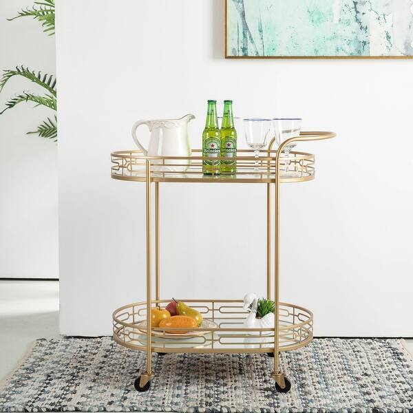 Home Direct Modern Glam Round Silver Bar Cart Metal Glass Mobile Serving Cart 2 Tier with Mirrored Shelves
