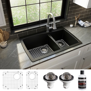 Karran Drop-In Quartz 34 in. Double Bowl 60/40 Kitchen Sink With Bottom Grids and Strainers
