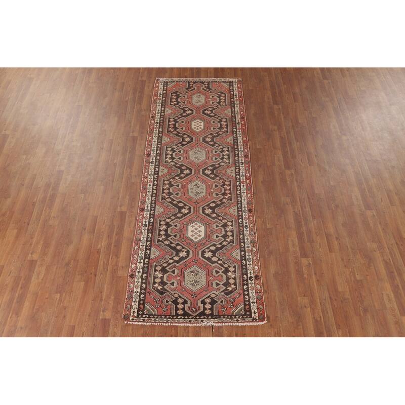 Geometric Orange Hamedan Vintage Runner Rug Handmade Wool Carpet - 3'6" x 10'1"