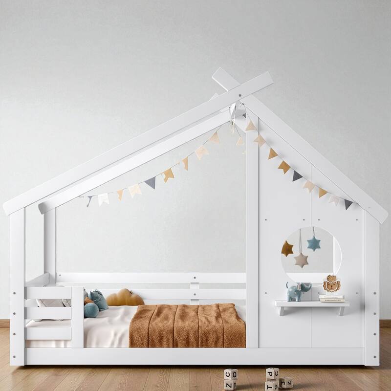 Twin/Full Size Solid Wood House Floor Bed with Window and Shelf, Montessori Low Bed Frame for Kids, No Box Spring Needed - White - Full