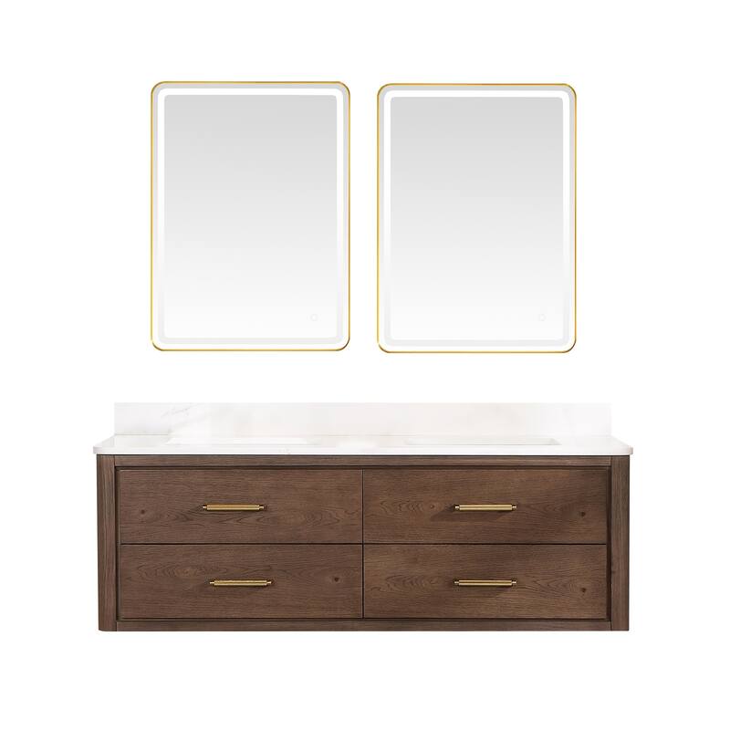 Cristo Floating Bath Vanity with White Quartz Stone Top and Mirror - 60 in. - Dark Brown Oak