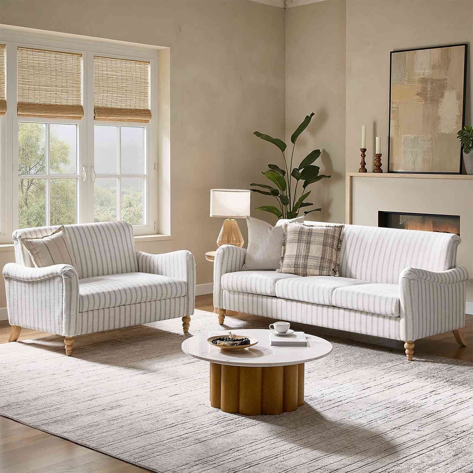 HULALA HOME 2-Piece Farmhouse Living Room Set Sofa and Couch with Solid Wood Spindle Legs