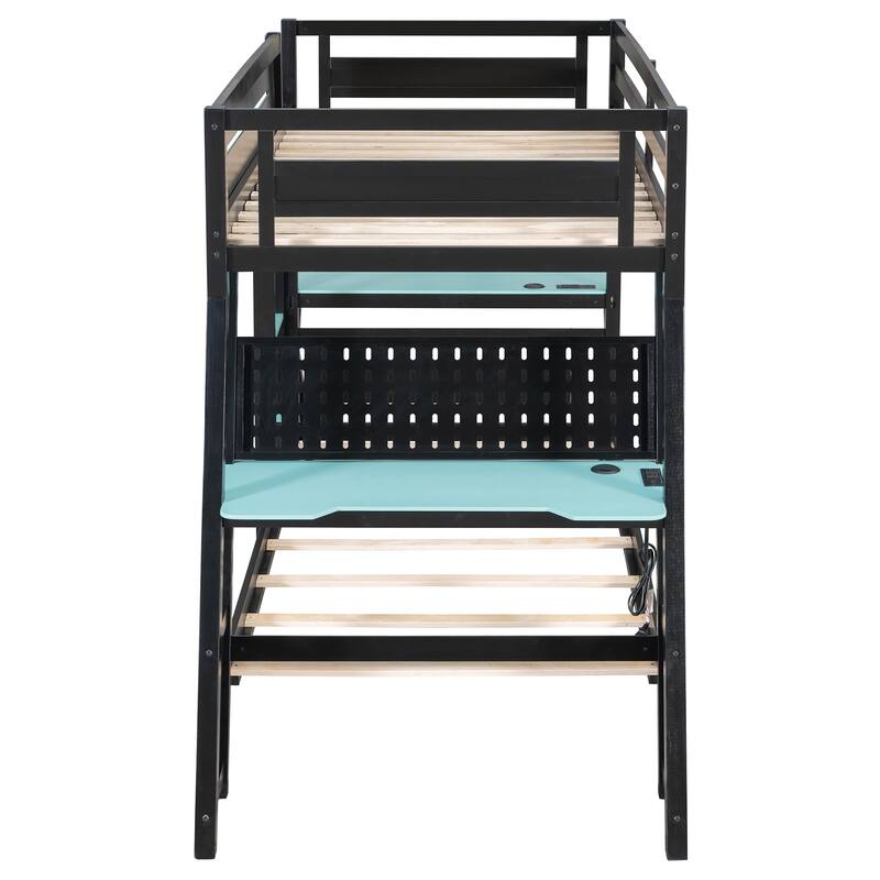 Gaming Bunk Bed Two Built-In Gaming Desks Each Side Loft Bed with USB Desktop Ports and Pegboard Organizer for Gaming Room Gamer