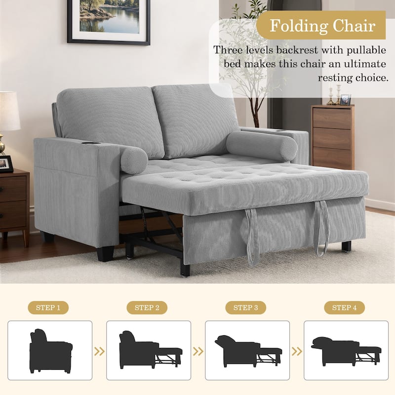 3-in-1 Corduroy Sleeper Sofa Pull-Out Bed Convertible Adjustable Loveseat with USB Port