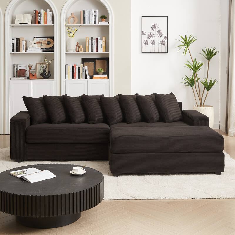 Modern L Shaped Sectional Sofa with Armrest Storage and Movable Ottoman for Living Room and Guest Room - Black