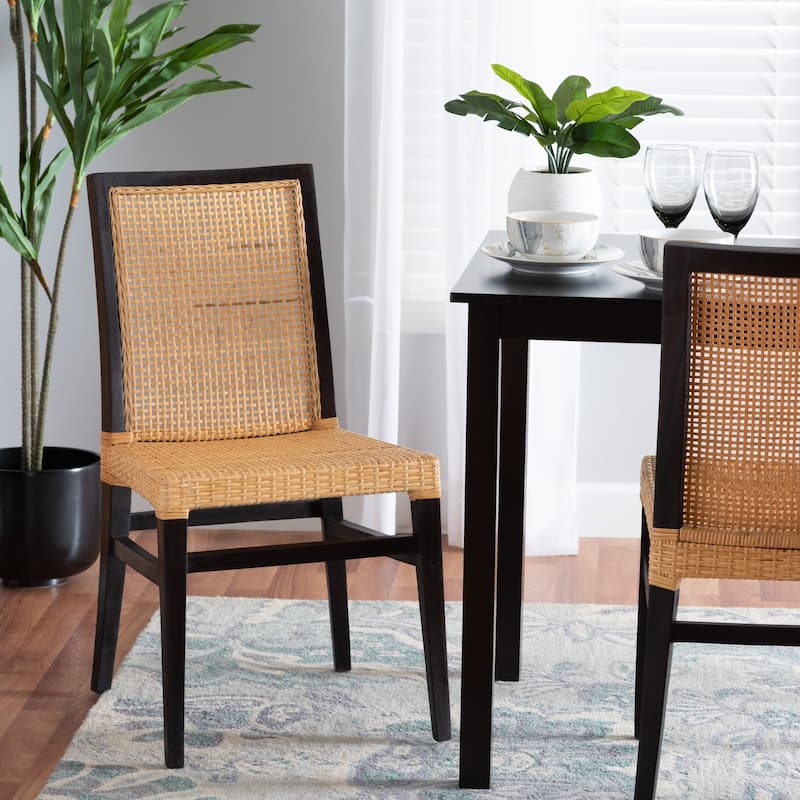 Lingga Modern Bohemian Dark Brown Mahogany Wood and Natural Rattan Dining Chair