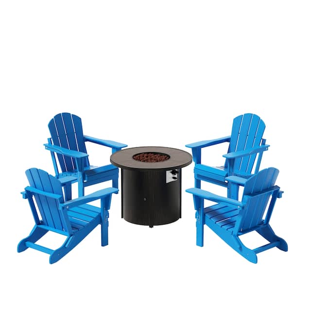 (4) Laguna Folding Adirondack Chairs with Fire Pit Table Set - Pacific Blue