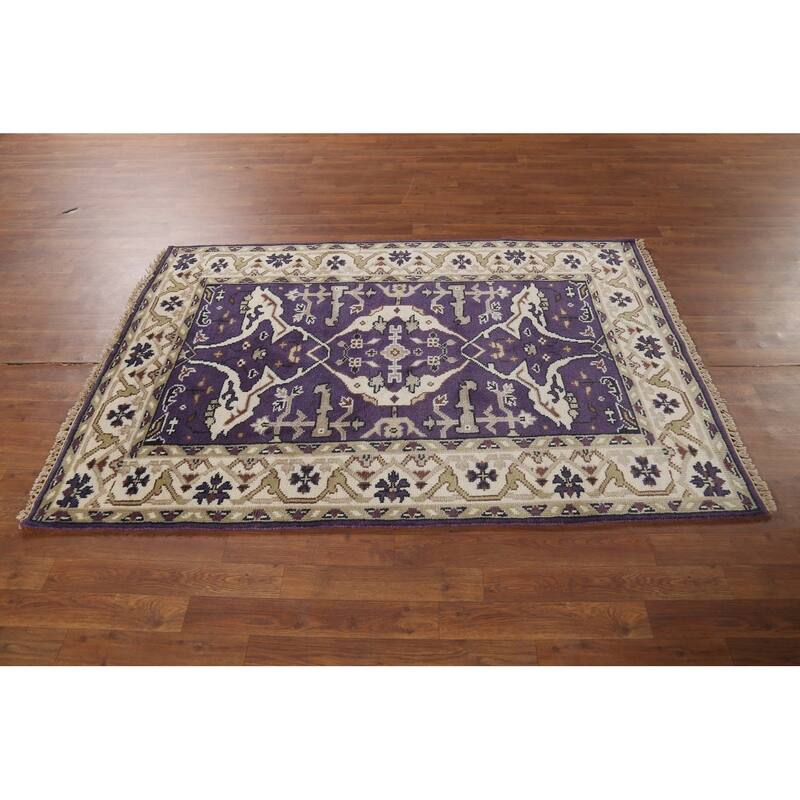 Purple Oushak Indian Area Rug Hand-Knotted Wool Carpet - 4'1"x 5'11"