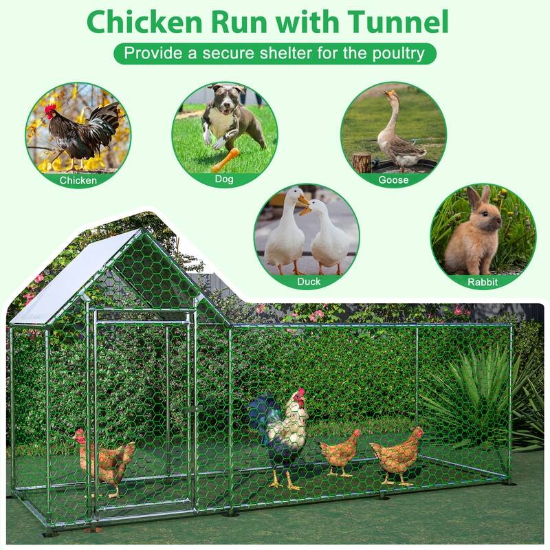 Metal Chicken Coop with Run, Backyard Hen House, and Covered Poultry Habitat Cage‌ - Silver