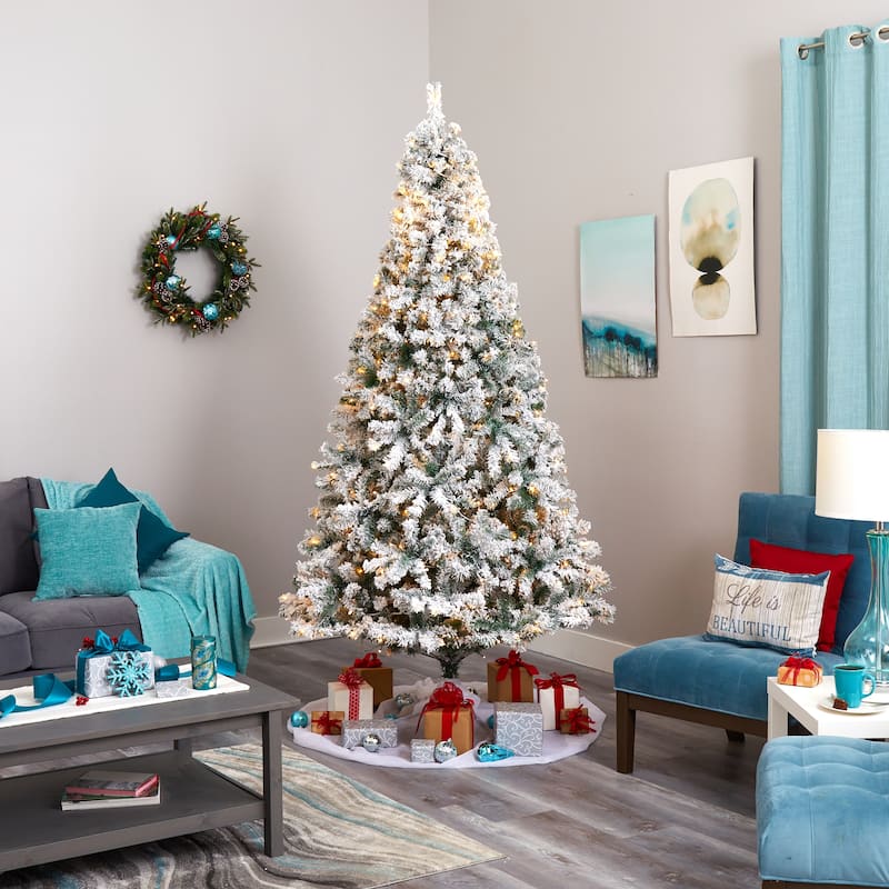 8’ Pre-Lit Flocked Rock Spruce Artificial Christmas Tree, Warm Clear LED Lights - 8 Foot
