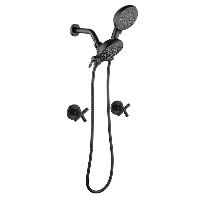 Wall Mount Shower Faucet with Hand Shower Brass 7-Setting Spray Dual Head Wall Mounted Shower System with Valve - Matte Black