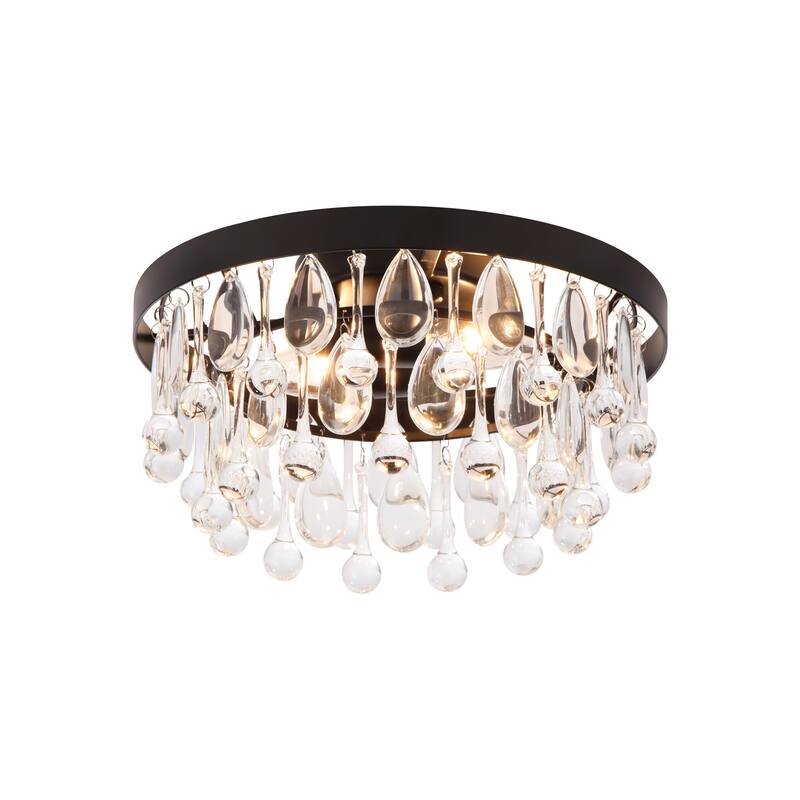 12" 2-Light Modern Chrome/Black Crystal Flush Mount Ceiling Light - Minimalist Crystal Drop Fixture for Bedroom