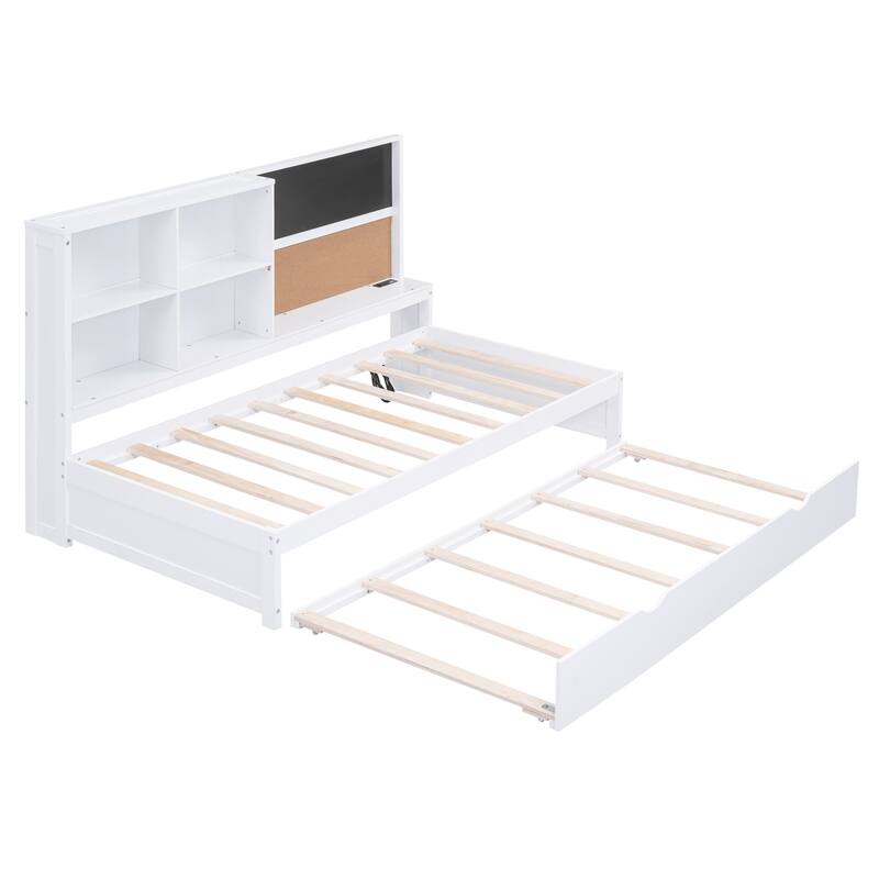 Full Size Wood Daybed with Storage Shelves, Blackboard, Cork Board, USB Charging Ports, and Trundle