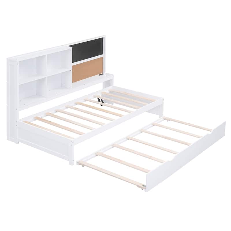 Twin Size Pine Daybed with Blackboard, USB Charging & Trundle (350lb Capacity)