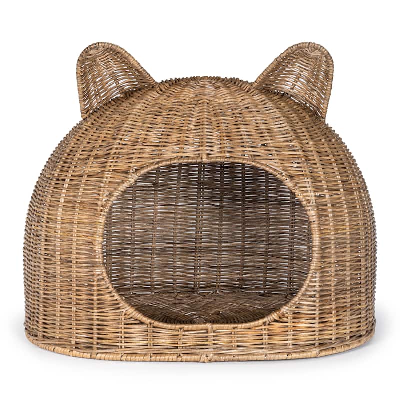 Cat Ear 20" x 14.5" Coastal Handwoven Rattan Cat Bed with Machine-Washable Cushion, Natural